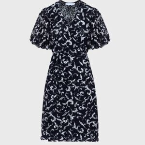 NWT Anne Fontaine Petula Puff SS Indigo Blue White Lace Lined Wrap Dress
